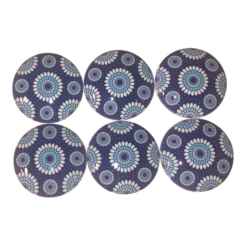 Set of 6 Blue Floral Motif Wood Cabinet Knobs