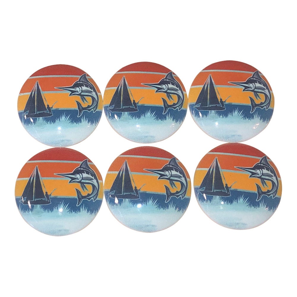 Set of 6 Marlin Fishing Wood Cabinet Knobs