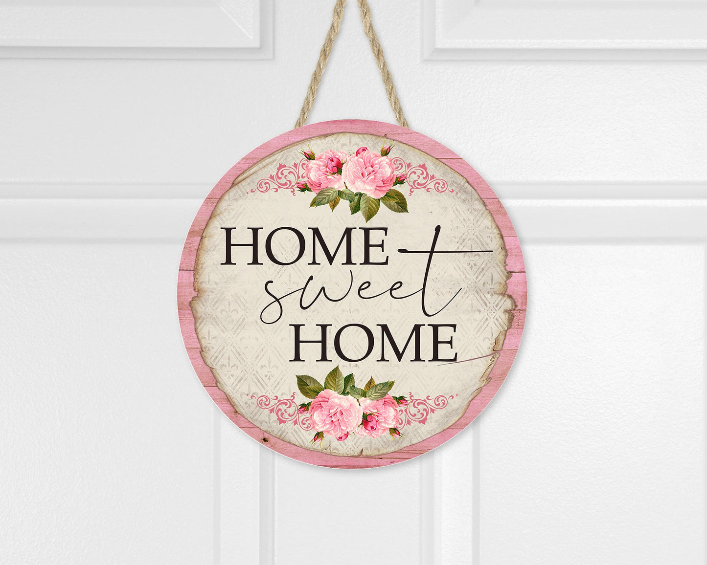 Pink Roses Home Sweet Home - Letrero de madera hecho a mano con estampado redondo