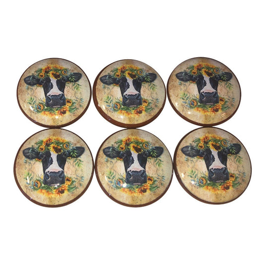 Set of 6 Sunflower Cow Farmhouse Wood Cabinet Knobs