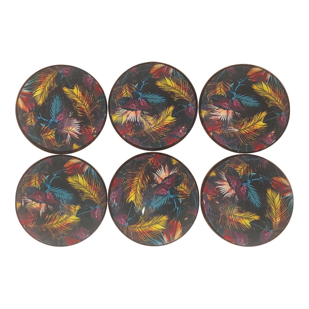 Set of 6 Colorful Palm Leaves Print Wood Cabinet Knobs