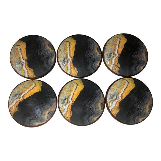 Set of 6 Striated Gold Print Wood Cabinet Knobs