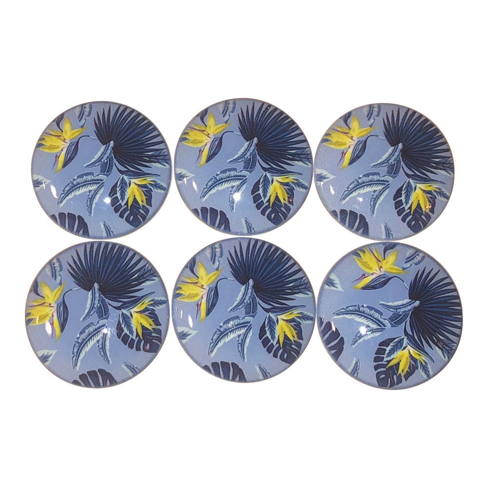 Set of 6 Tropics in Blue Print Wood Cabinet Knobs