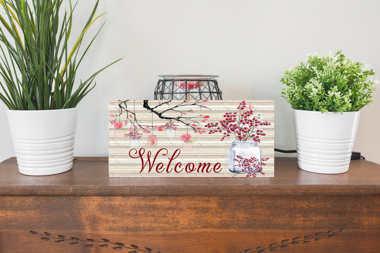 Pink Floral Branch Welcome Handmade Wood Sign