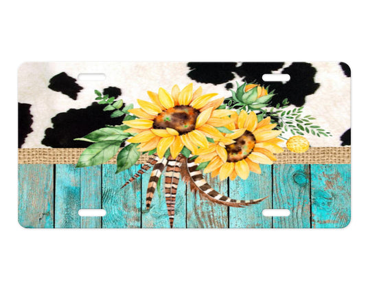 Sunflower and Turquoise Barnwood Aluminum Front License Plate