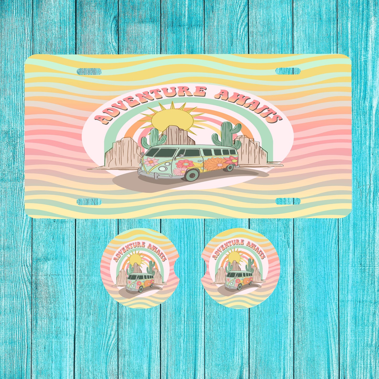 Adventure Awaits Front License Plate and Sandstone Car Coasters