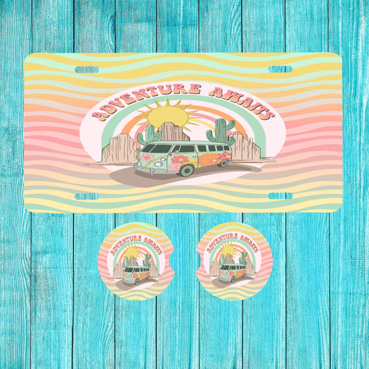 Adventure Awaits Front License Plate and Sandstone Car Coasters