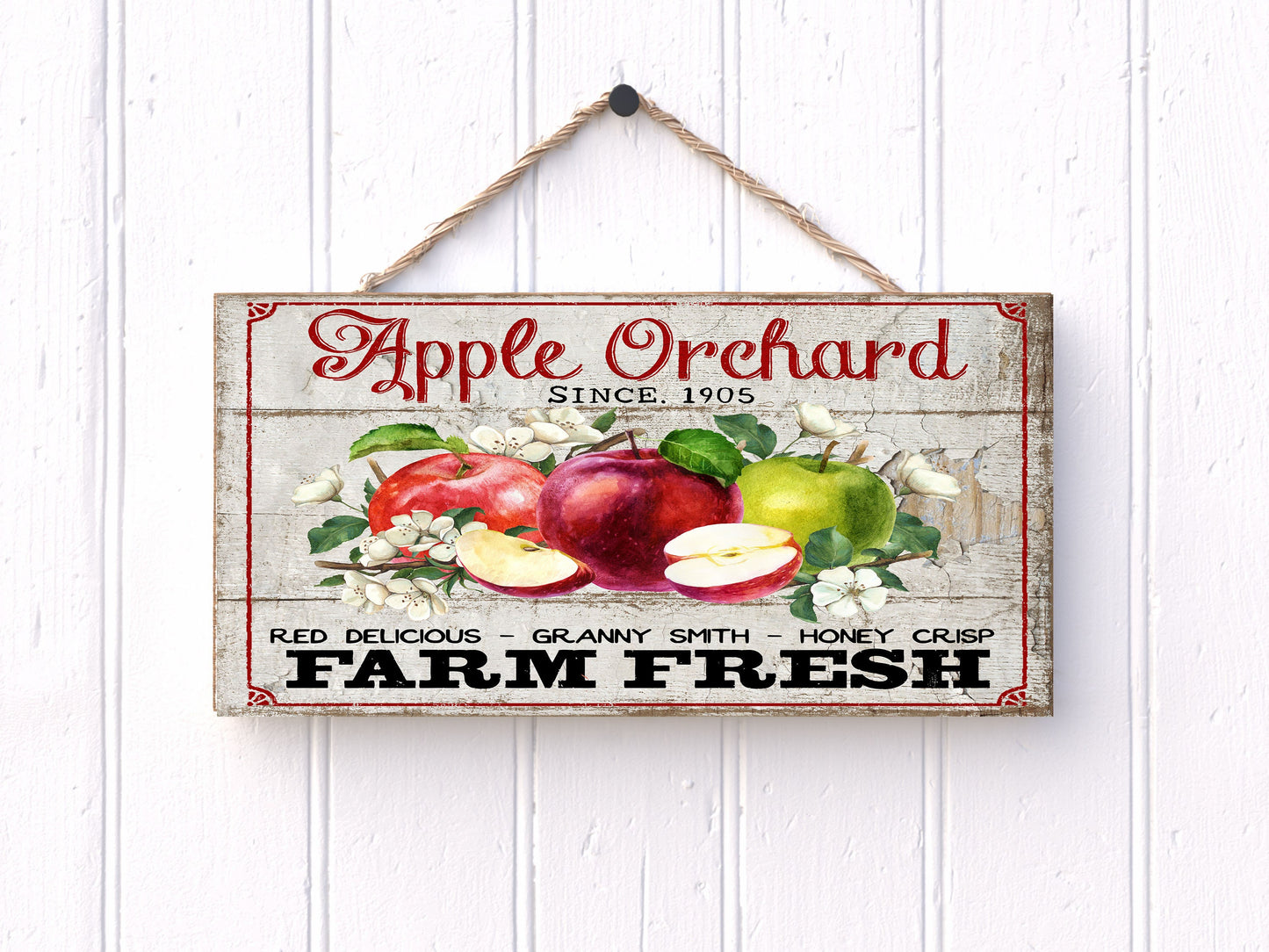 Letrero de madera hecho a mano con estampado fresco de Apple Orchard Farm