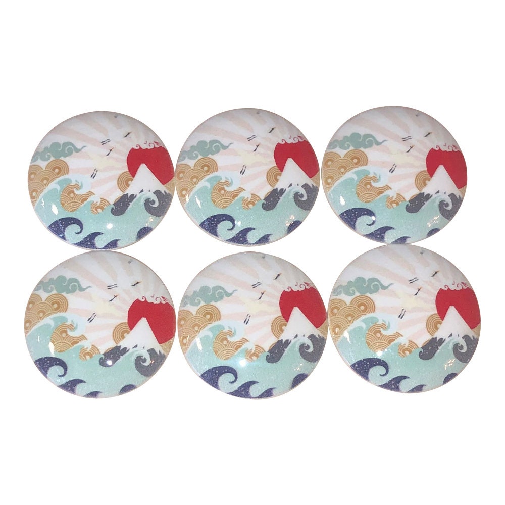 Set of 6 Japanese Sunrise Wave Print Wood Cabinet Knobs