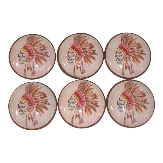 Set of 6 Free Spirit Headress Print Wood Cabinet Knobs