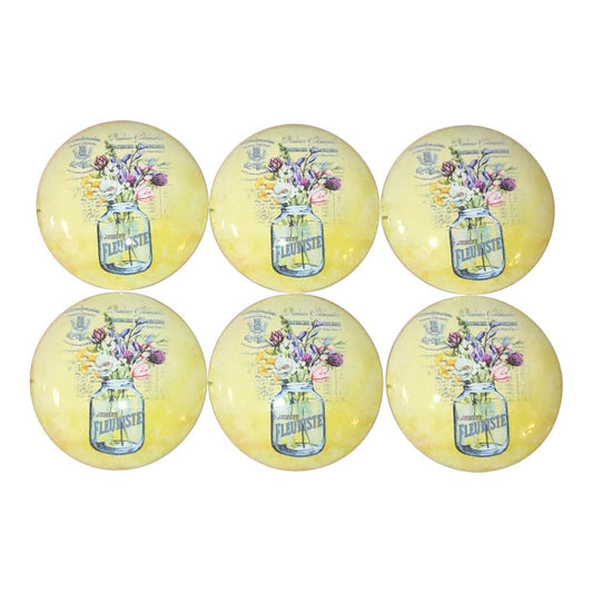 Set of 6 Floral Bouquet on Yellow Print Wood Cabinet Knobs