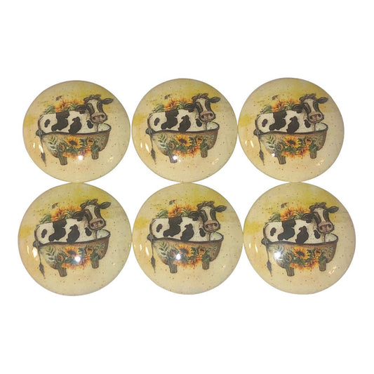 Set of 6 Cow in Bathtub Wood Cabinet Knobs