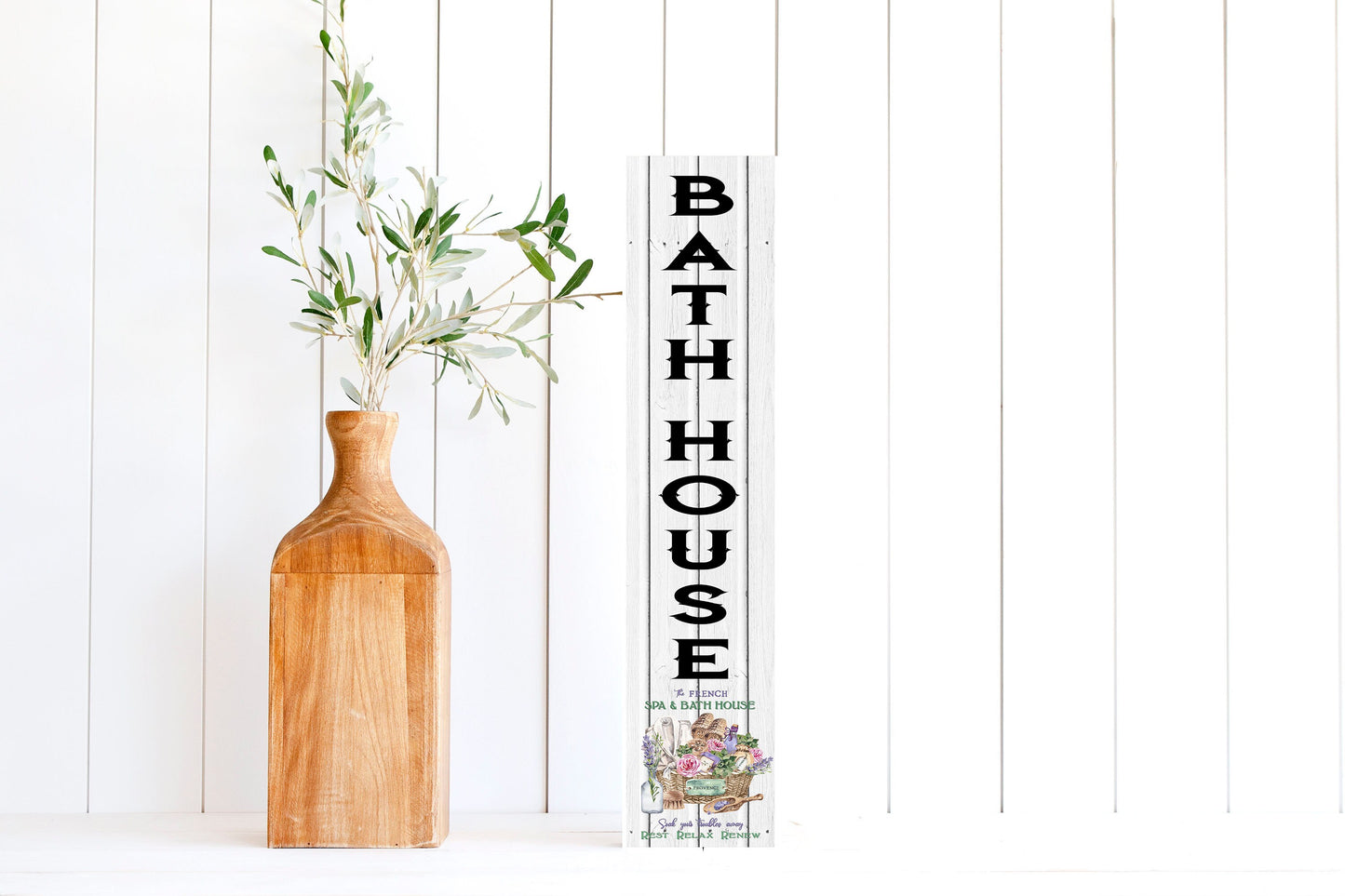 24 Inch (2 Foot Tall) Bath House Vertical Wood Print Sign