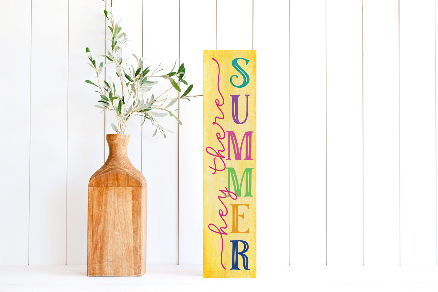 24 Inch (2 Foot Tall) Hey There Summer Yellow Vertical Wood Print Sign