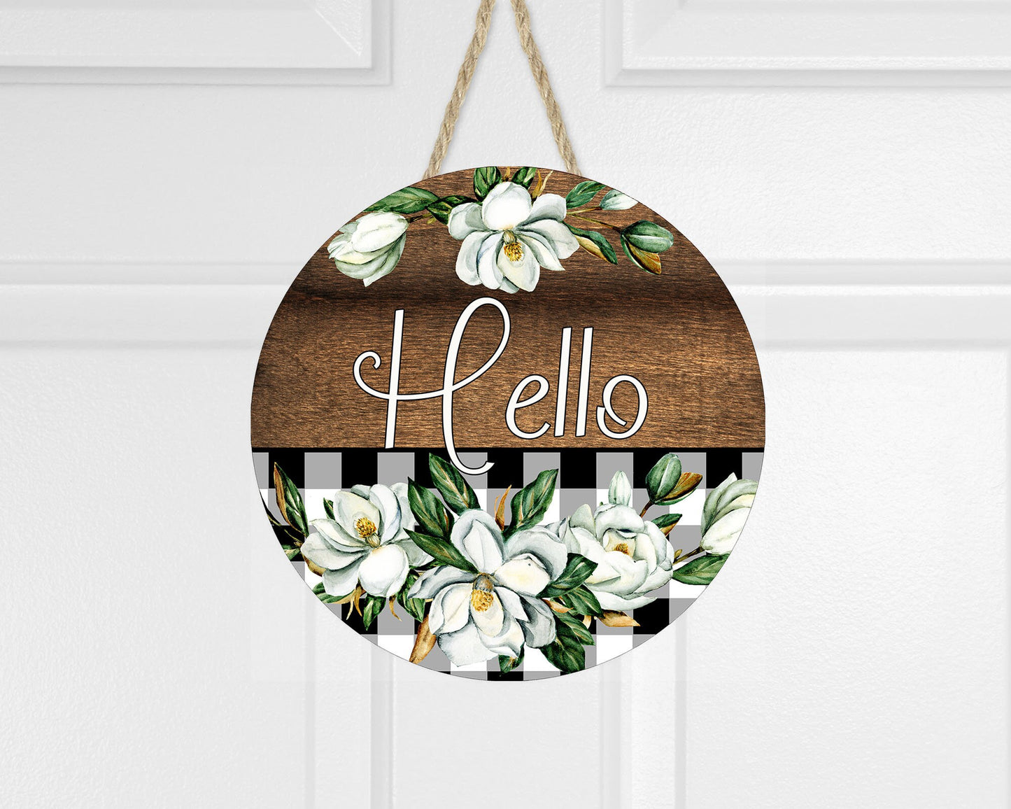Hello Magnolias Round Printed Handmade Wood Sign