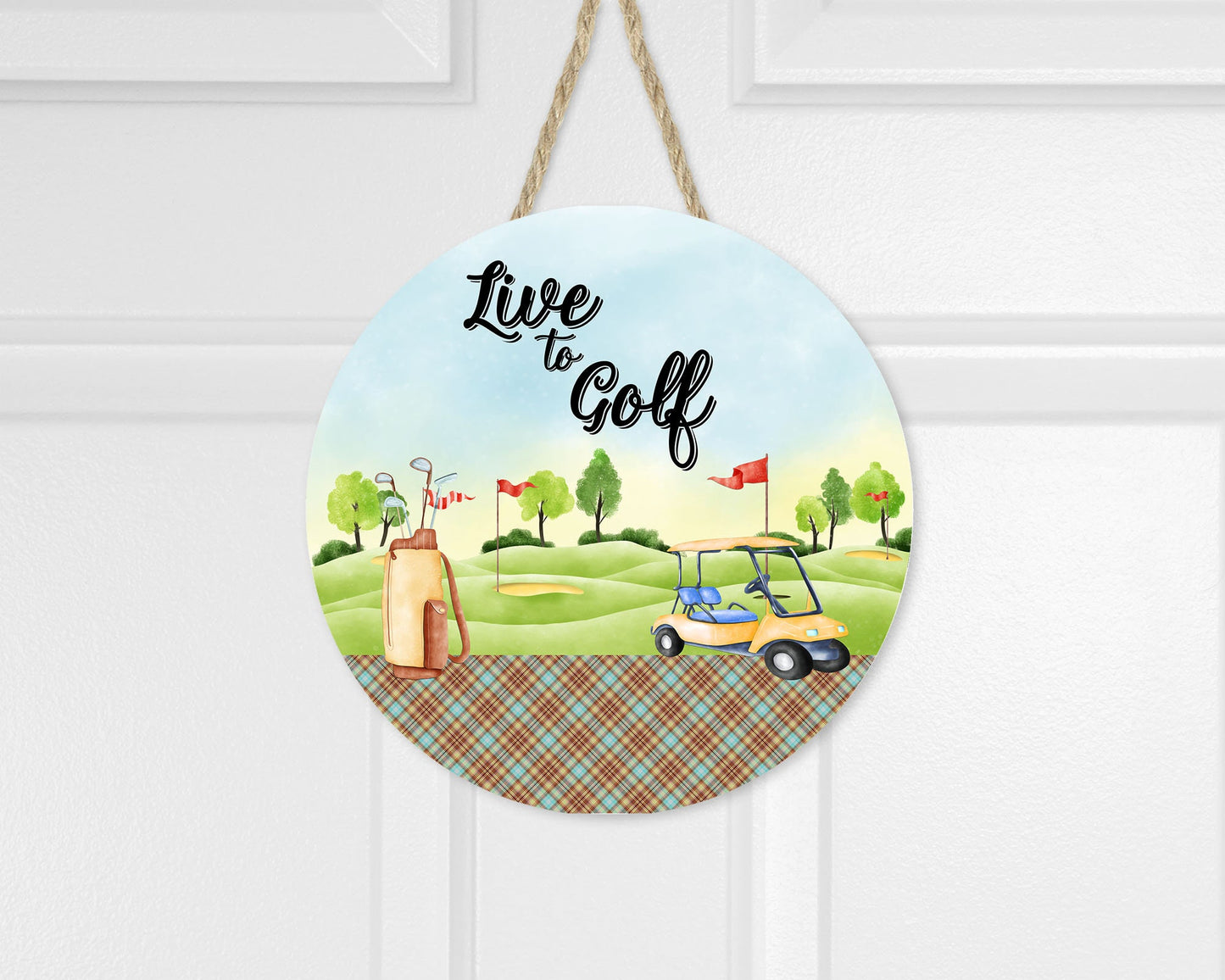 Live to Golf Round Printed Handmade Wood Sign