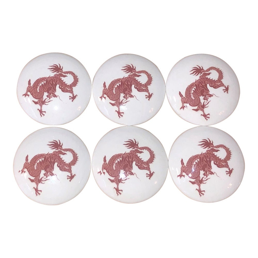 Set of 6 Chinese Dragon Wood Cabinet Knobs