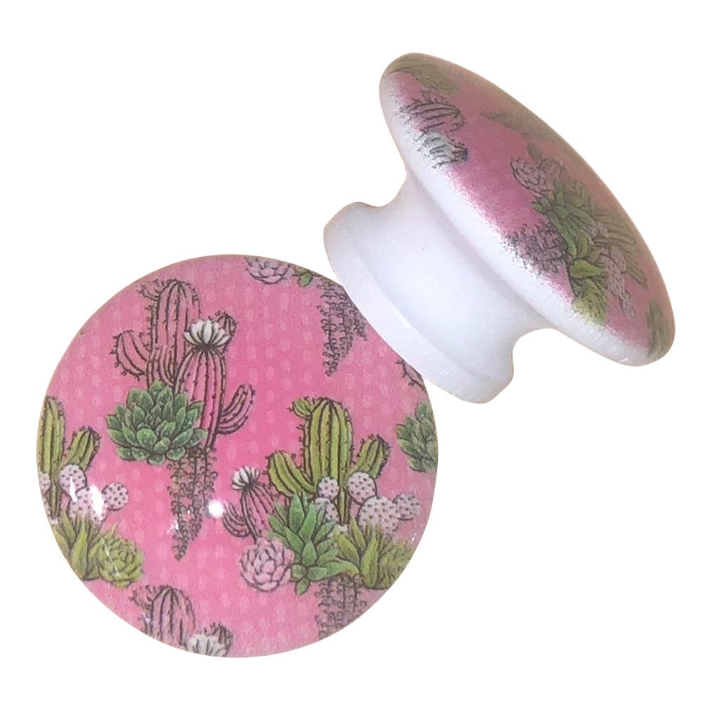 Set of 6 Pink Cactus Wood Cabinet Knobs