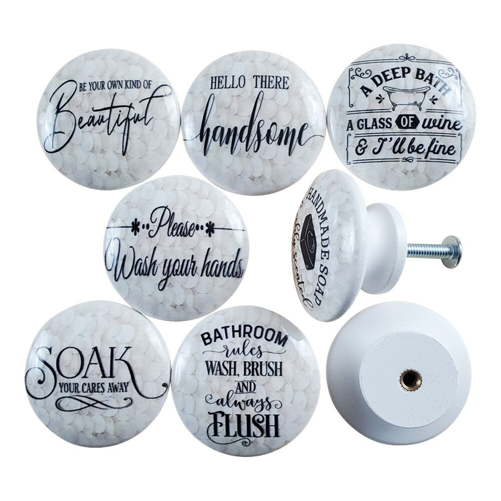 Set of 8 White Texture Bathroom Sayings Wood Cabinet Knobs