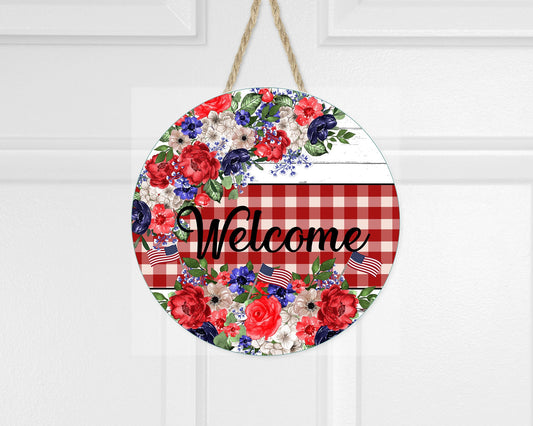 Red White and Blue Floral Welcome Round Printed Handmade Wood Sign