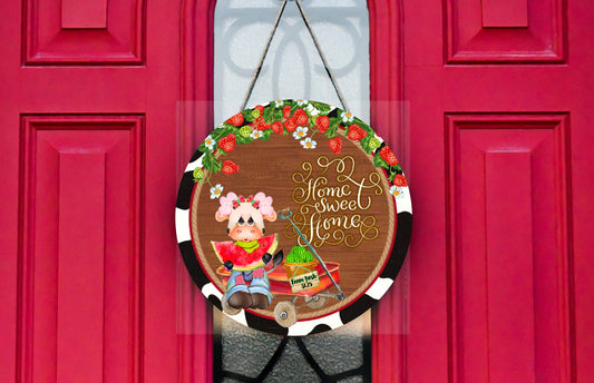 Watermelon Cow Home Sweet Home Round Printed Handmade Wood Sign