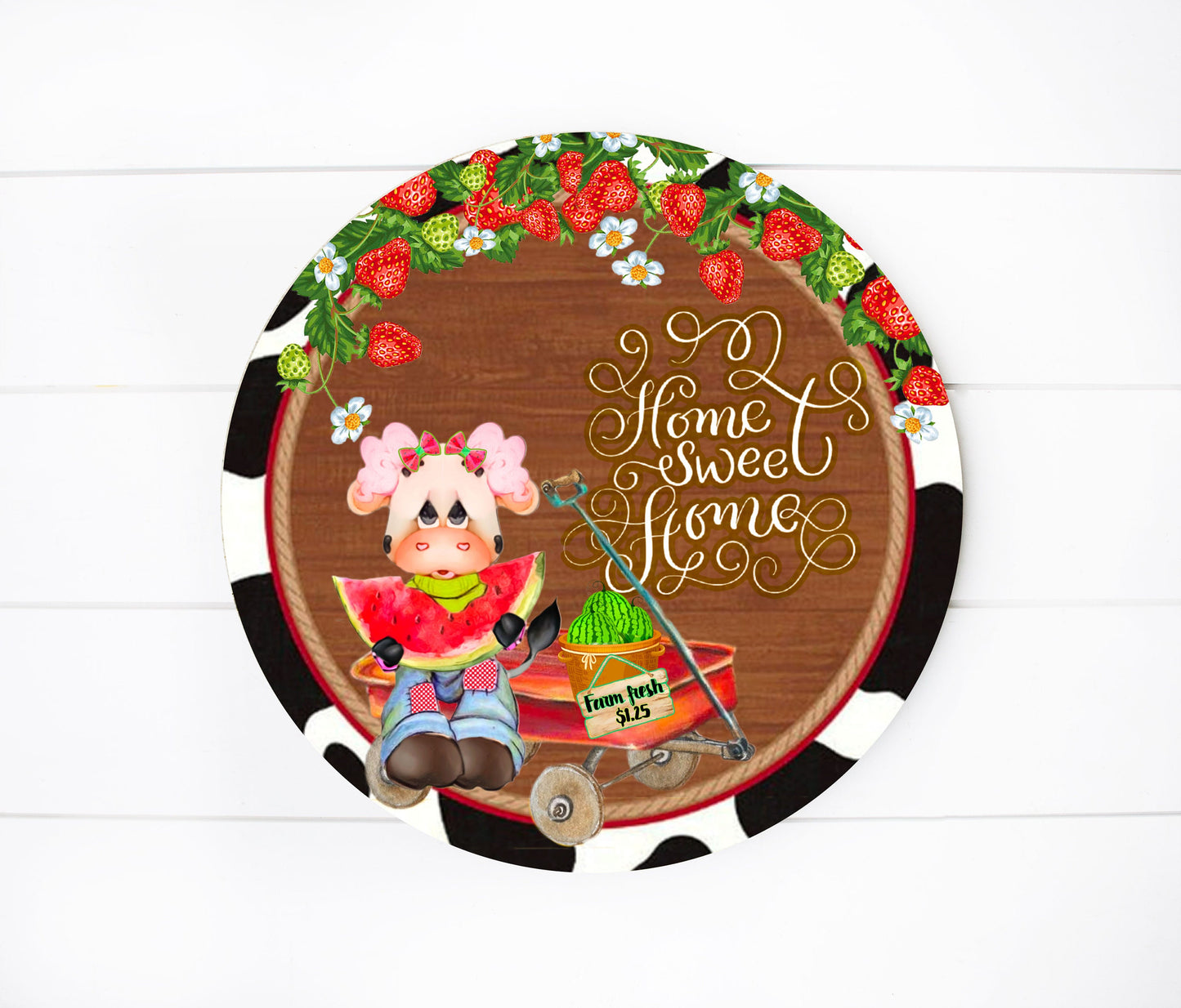 Watermelon Cow Home Sweet Home Round Printed Handmade Wood Sign