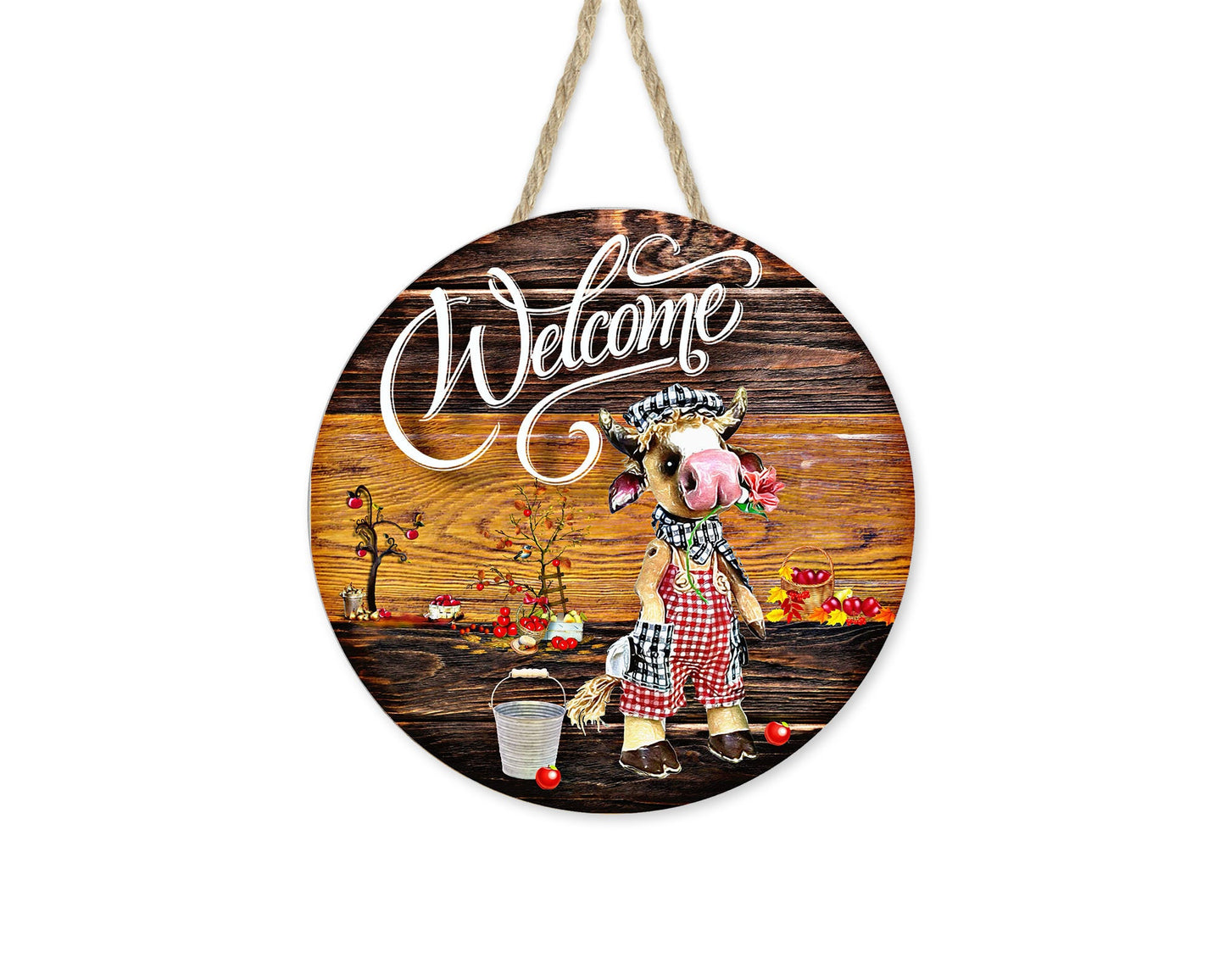 Welcome Cow Round Printed Handmade Wood Sign