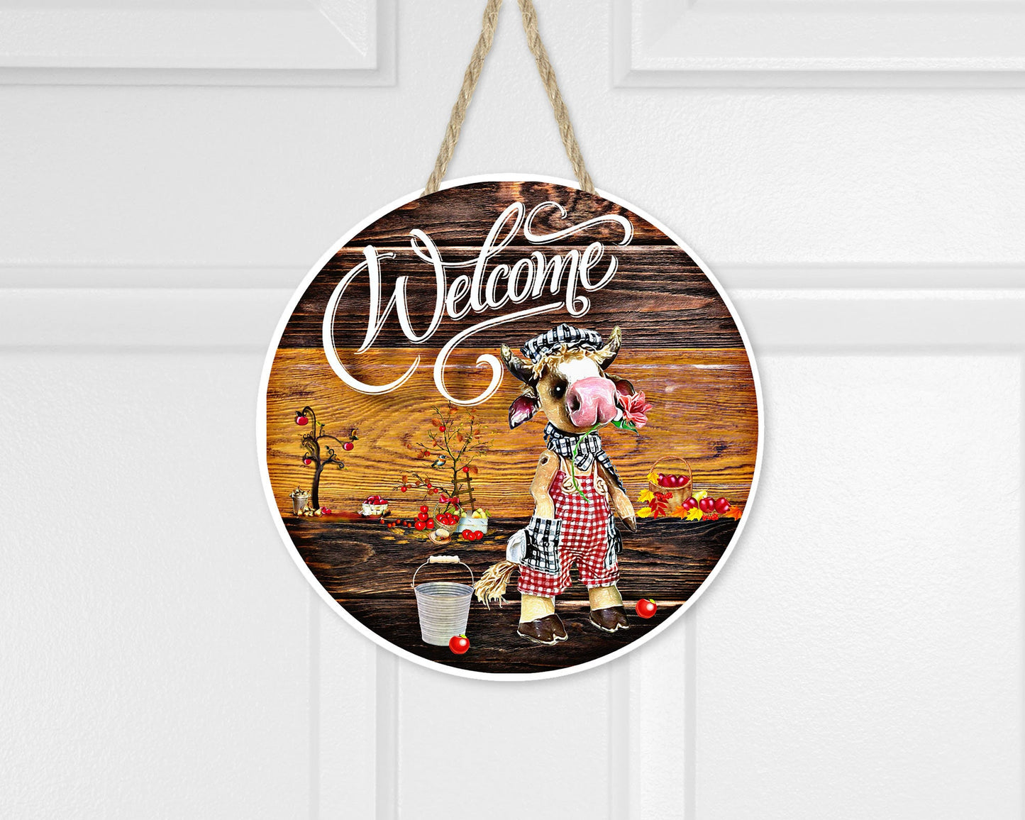 Welcome Cow Round Printed Handmade Wood Sign