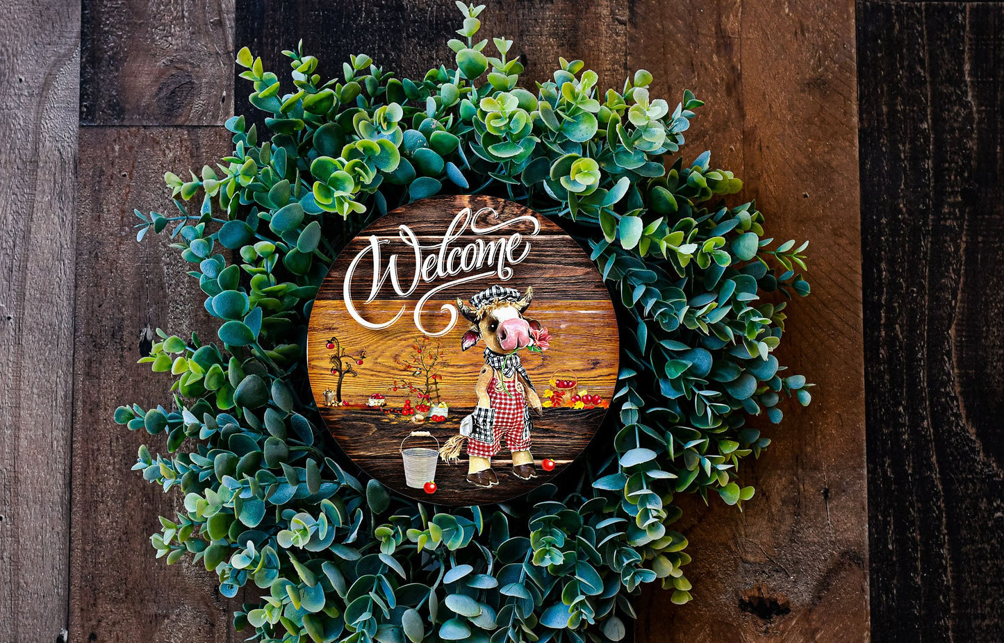 Welcome Cow Round Printed Handmade Wood Sign