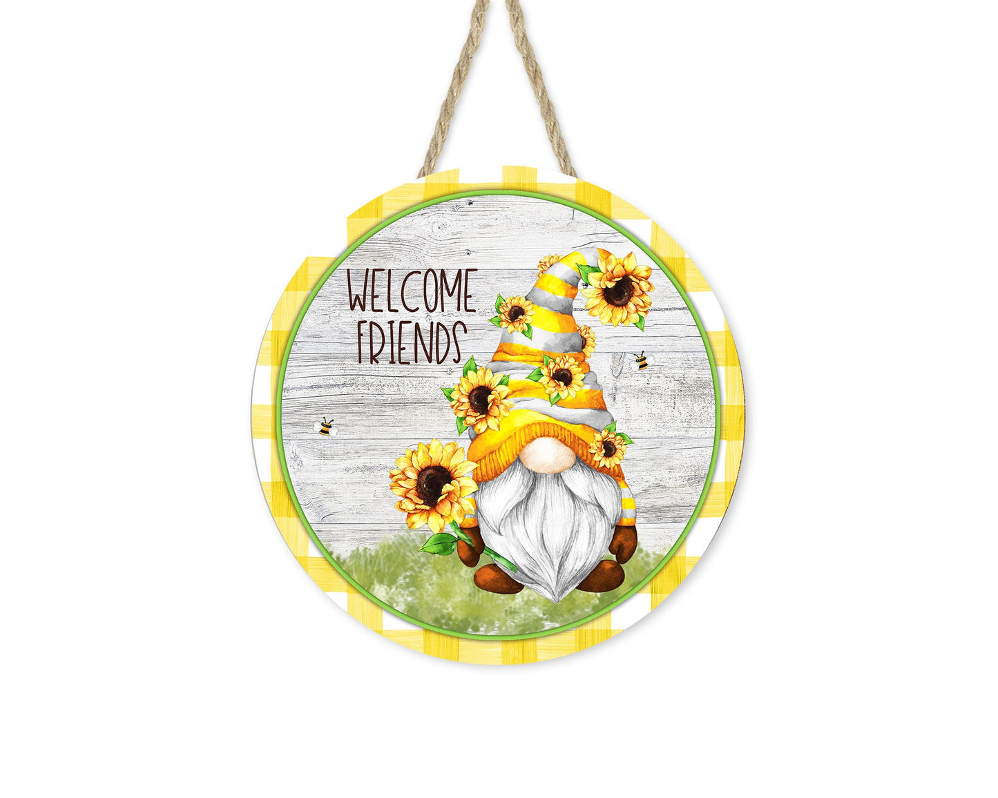 Welcome Friends Sunflower Gnomes Round Printed Handmade Wood Sign