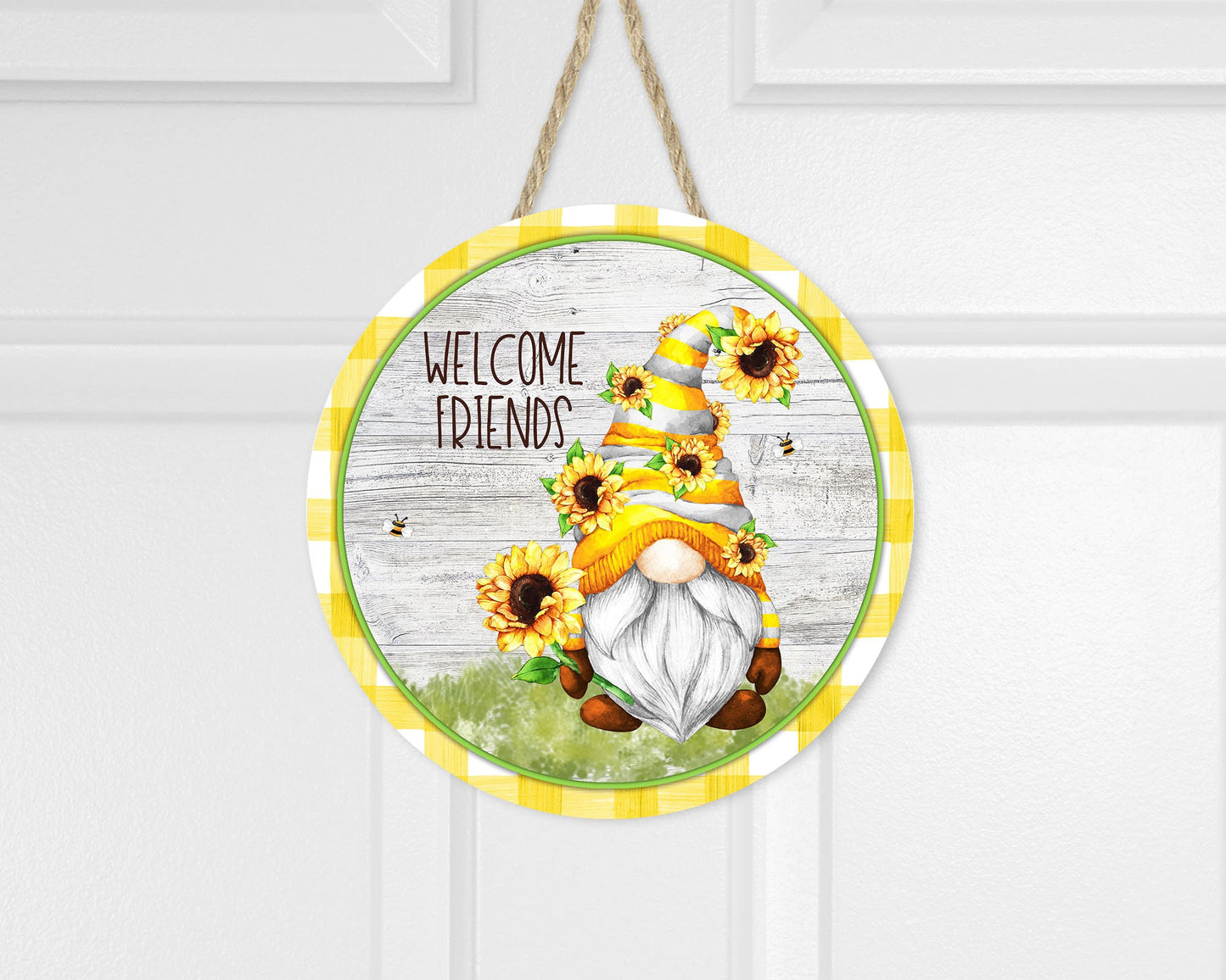 Welcome Friends Sunflower Gnomes Round Printed Handmade Wood Sign