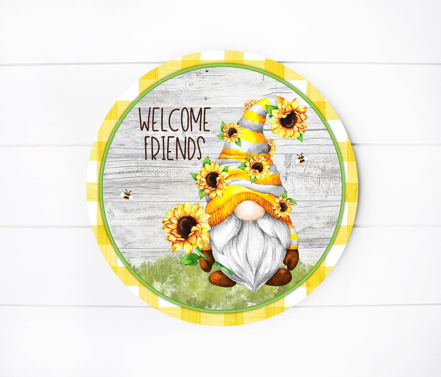 Welcome Friends Sunflower Gnomes Round Printed Handmade Wood Sign