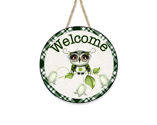 Welcome Owl Round Printed Handmade Wood Sign
