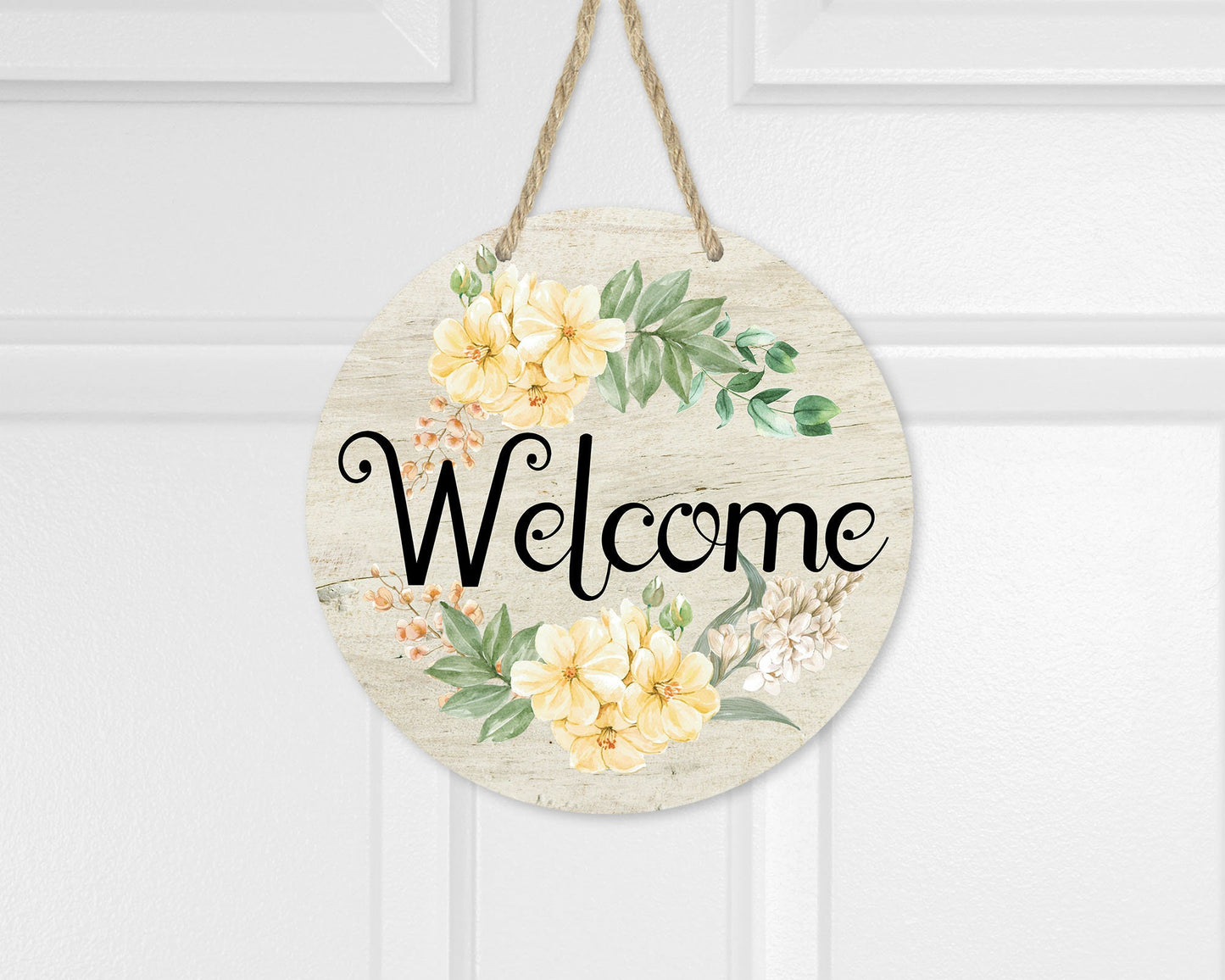 Yellow Floral Welcome Round Printed Handmade Wood Sign