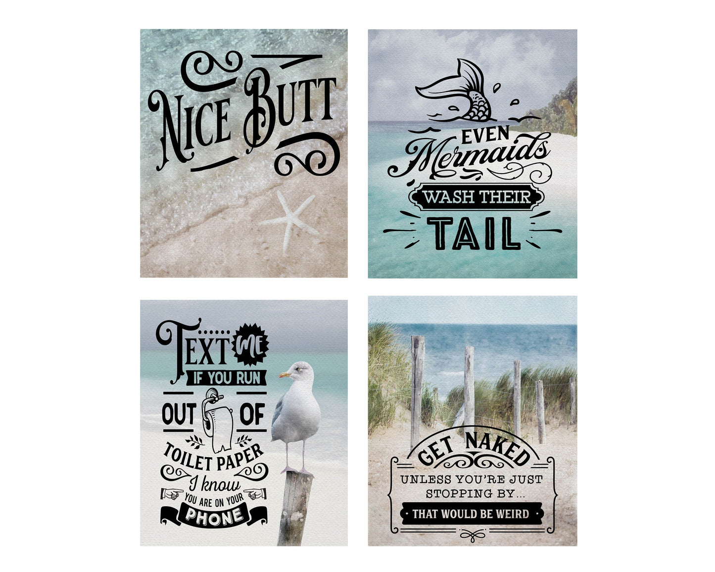 Set of 4  8x10 Funny Bathroom Tranquil Beach Print Canvas Prints