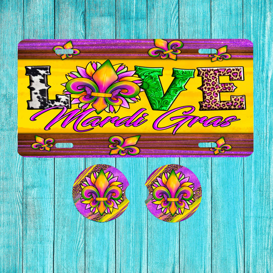 Love Mardi Gras Front License Plate and Sandstone Car Coasters