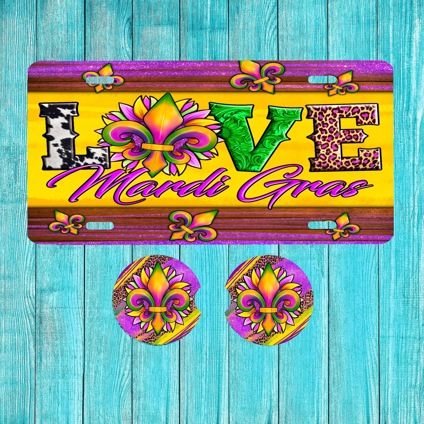 Placa de matrícula delantera Love Mardi Gras y posavasos de arenisca para coche