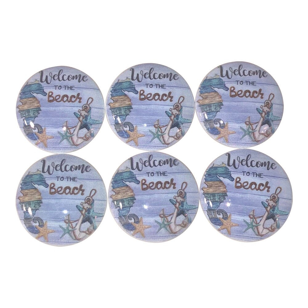 Set of 6 Welcome to the Beach Seahorse Wood Cabinet Knobs