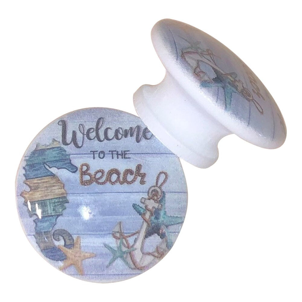 Set of 6 Welcome to the Beach Seahorse Wood Cabinet Knobs