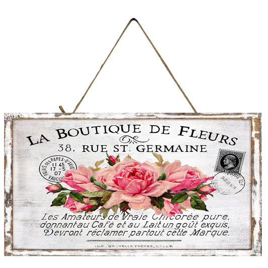 La Boutique de Fleurs Pink Roses Printed Handmade Wood Sign
