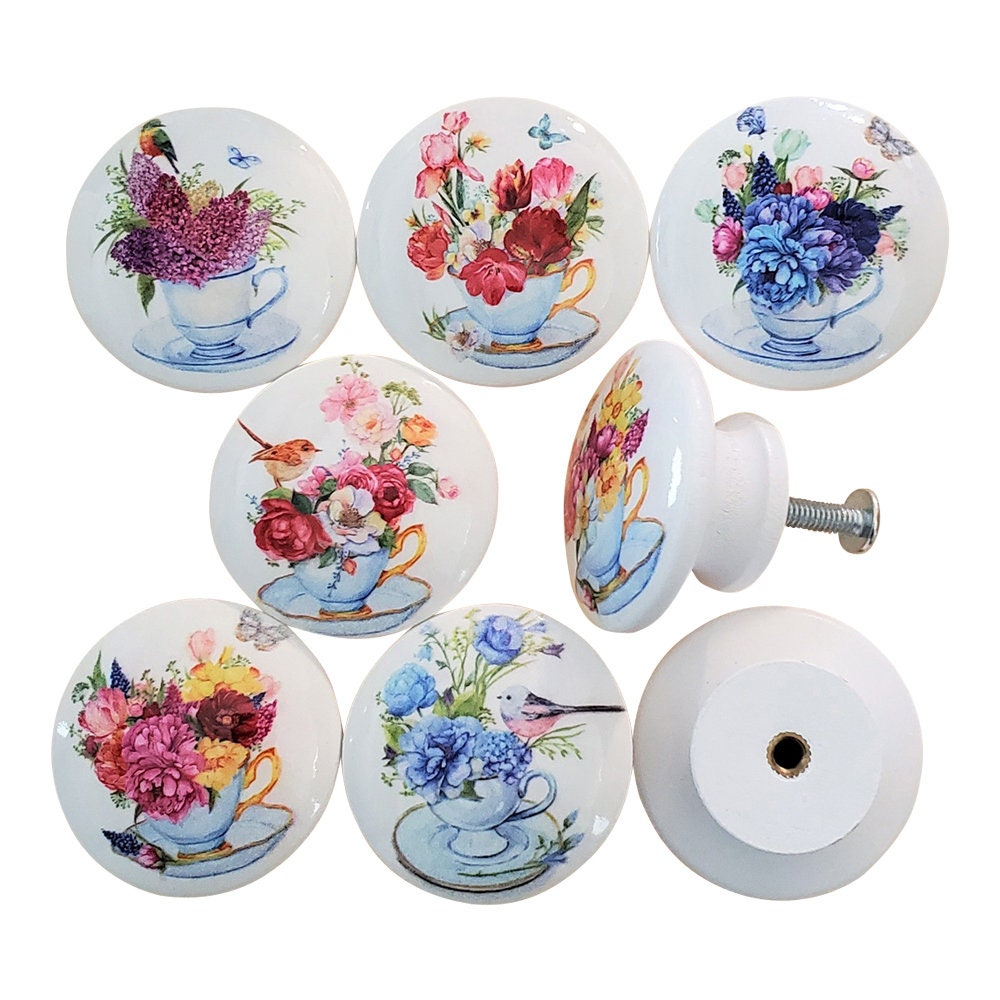 Set of 8 Flowers in Teacups  Wood Cabinet Knobs