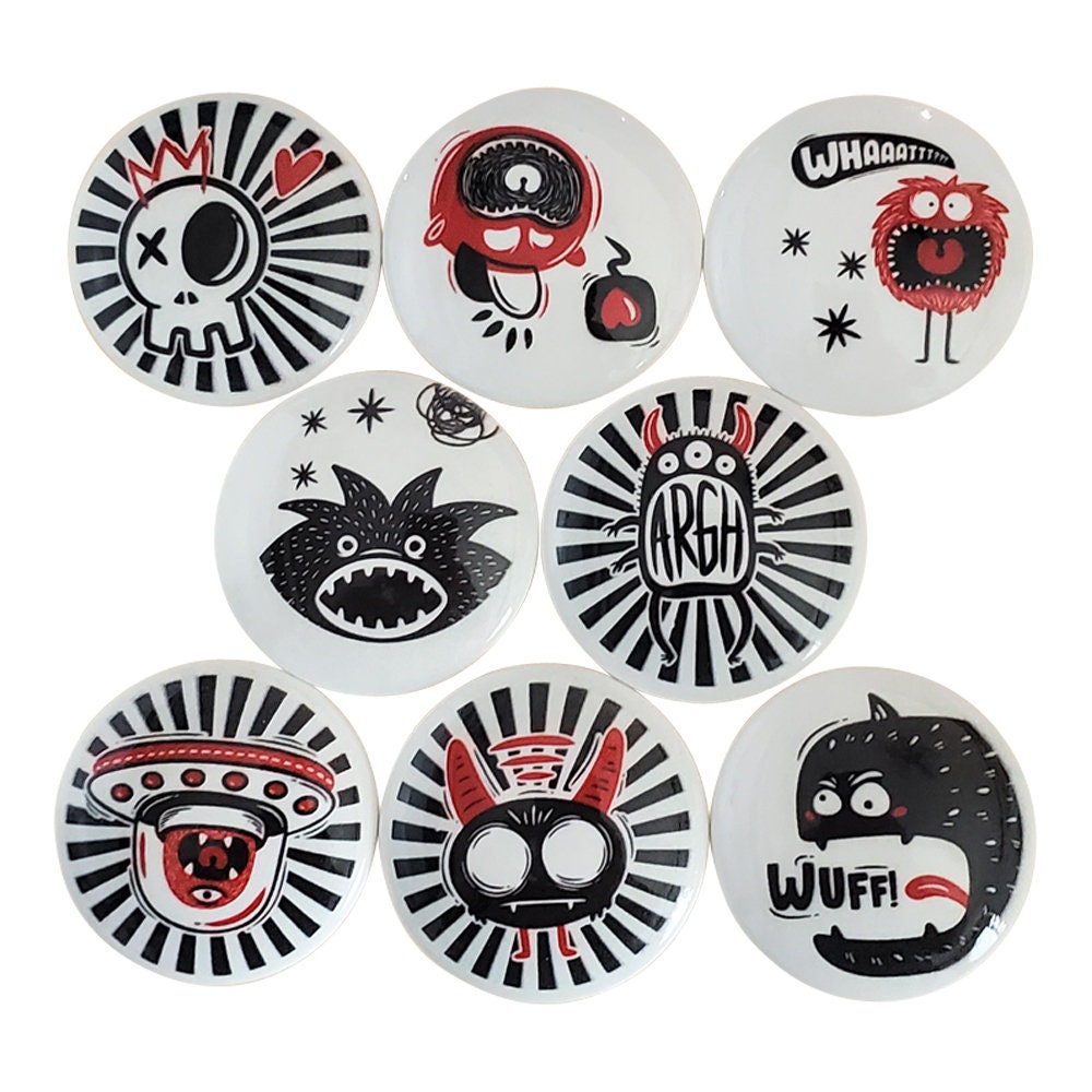 Juego de 8 pomos de madera para armario, diseño de cómic, color negro, blanco y rojo