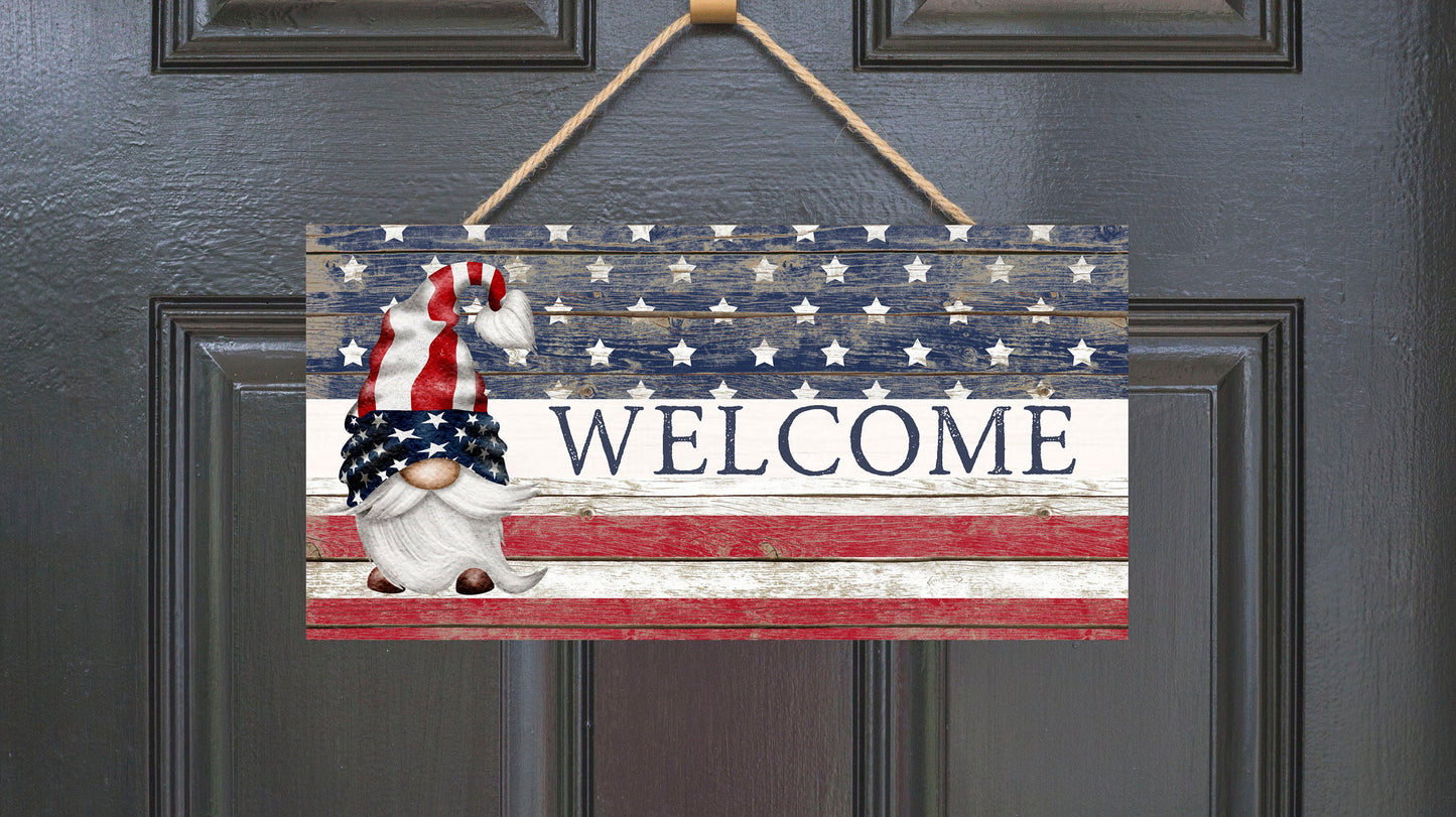 Welcome Gnome American Flag Printed Handmade Wood Sign