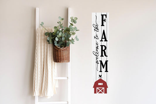 Cartel vertical con impresión de madera de 24.0 in (2 pies de altura) con texto en inglés "Welcome to the Farm Red Barn"