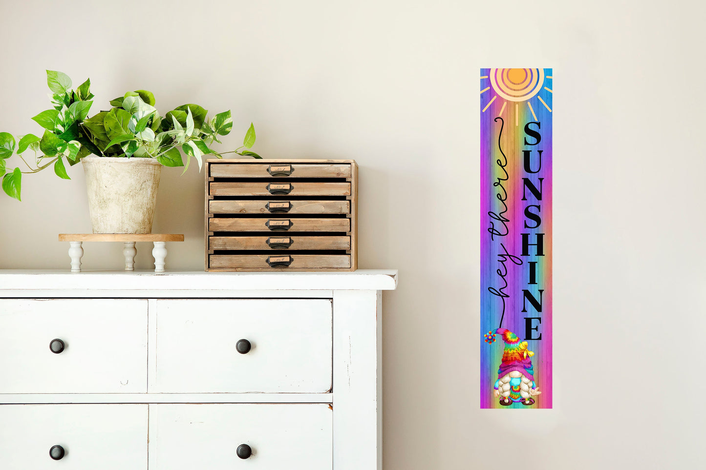 24 Inch (2 Foot Tall) Rainbow Gnome Hey There Sunshine Vertical Wood Print Sign