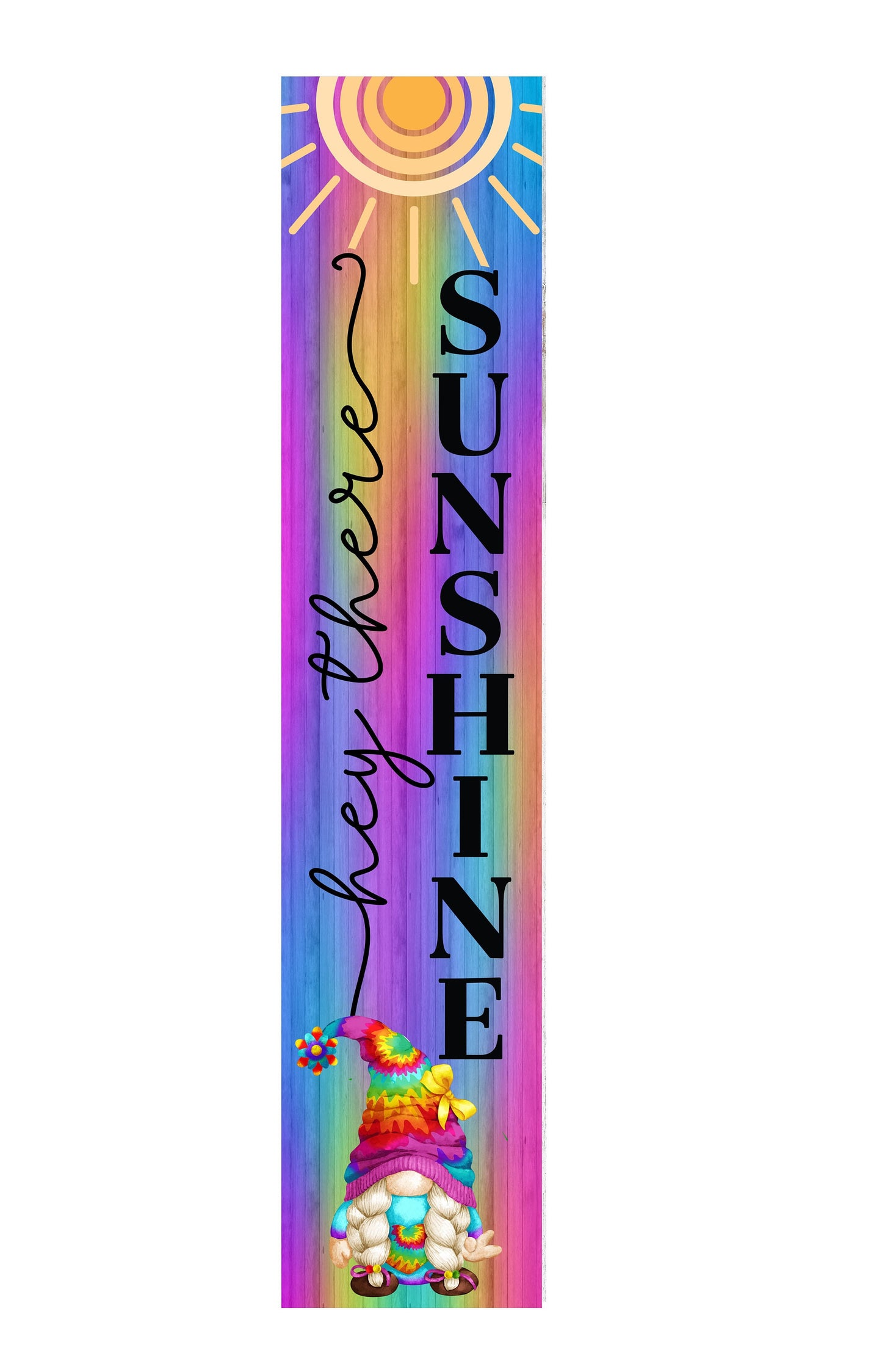 24 Inch (2 Foot Tall) Rainbow Gnome Hey There Sunshine Vertical Wood Print Sign