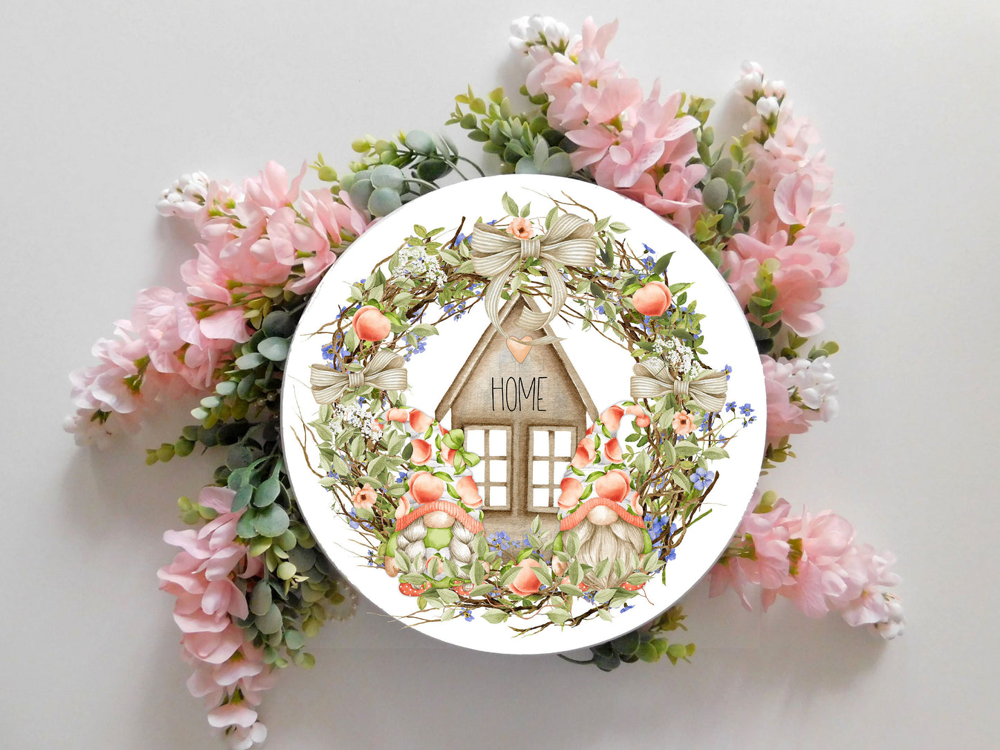 Peach Gnome Wreath Round Printed Handmade Wood Sign