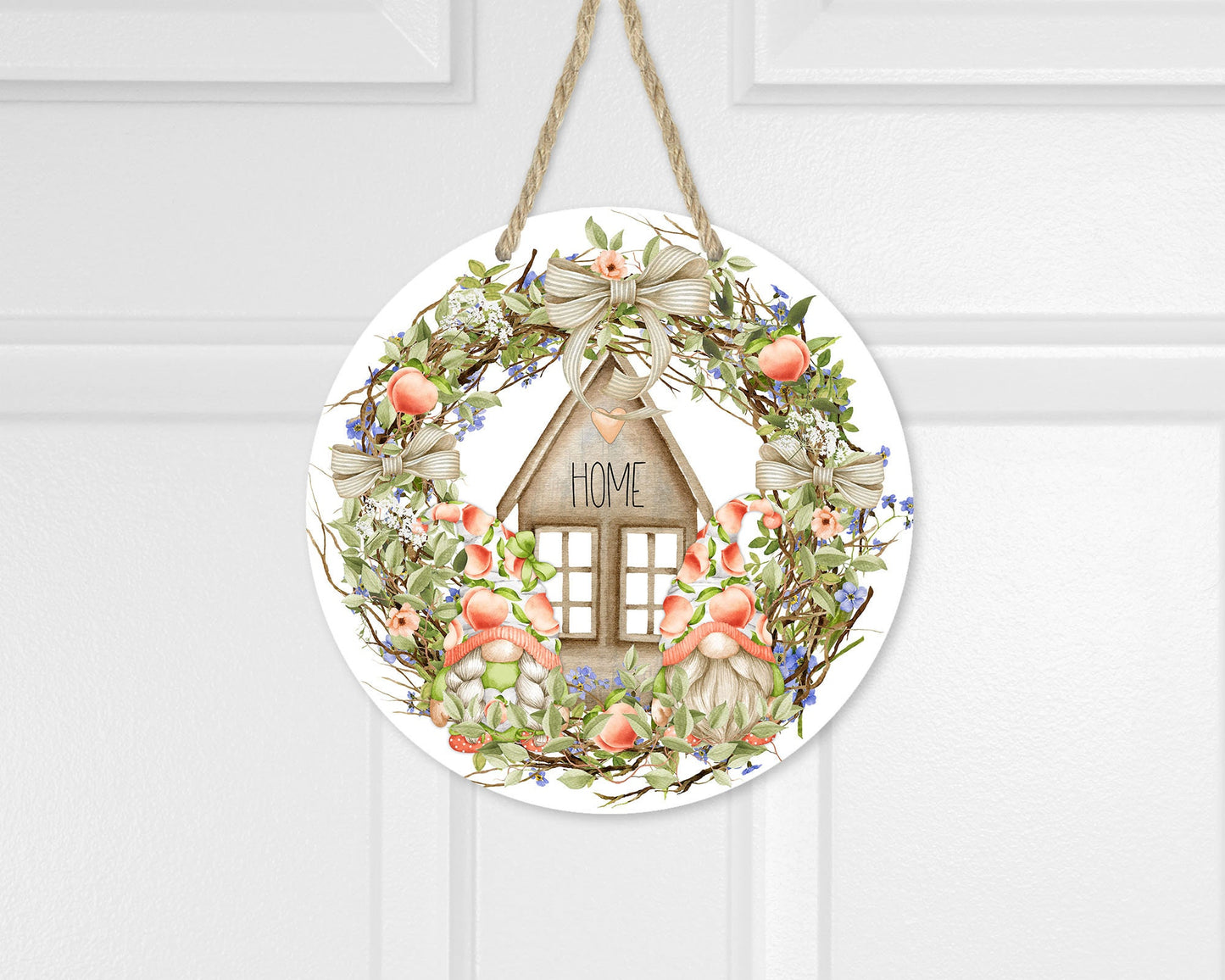 Peach Gnome Wreath Round Printed Handmade Wood Sign