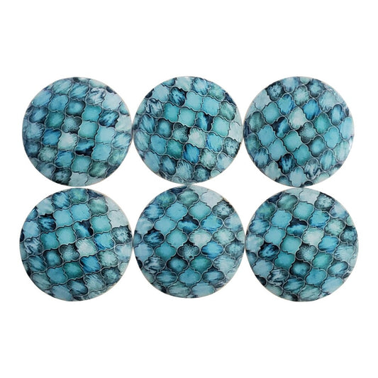 Set of 6 Teal Moroccan Wood Cabinet Knobs