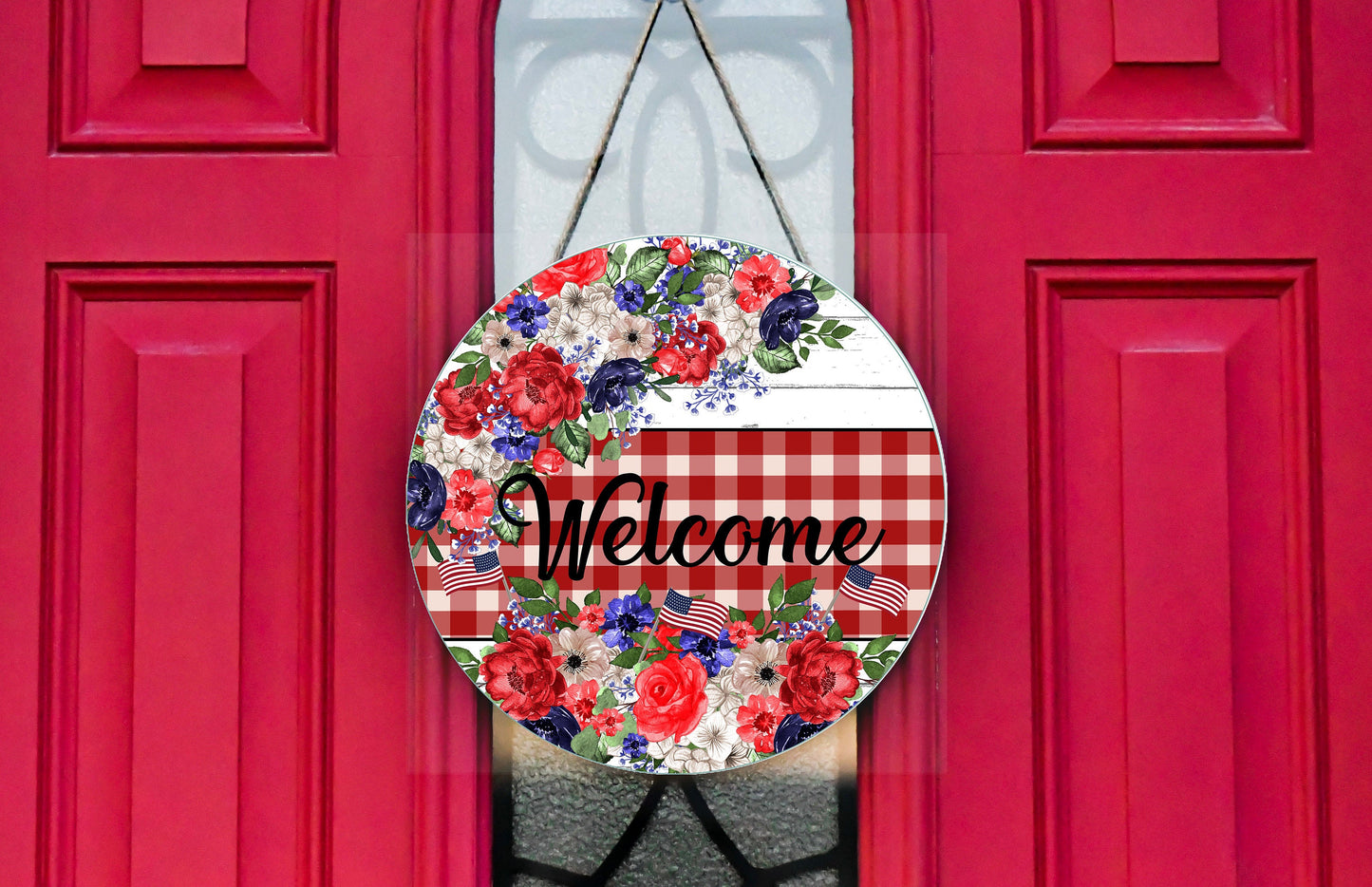 Red White and Blue Floral Welcome Round Printed Handmade Wood Sign